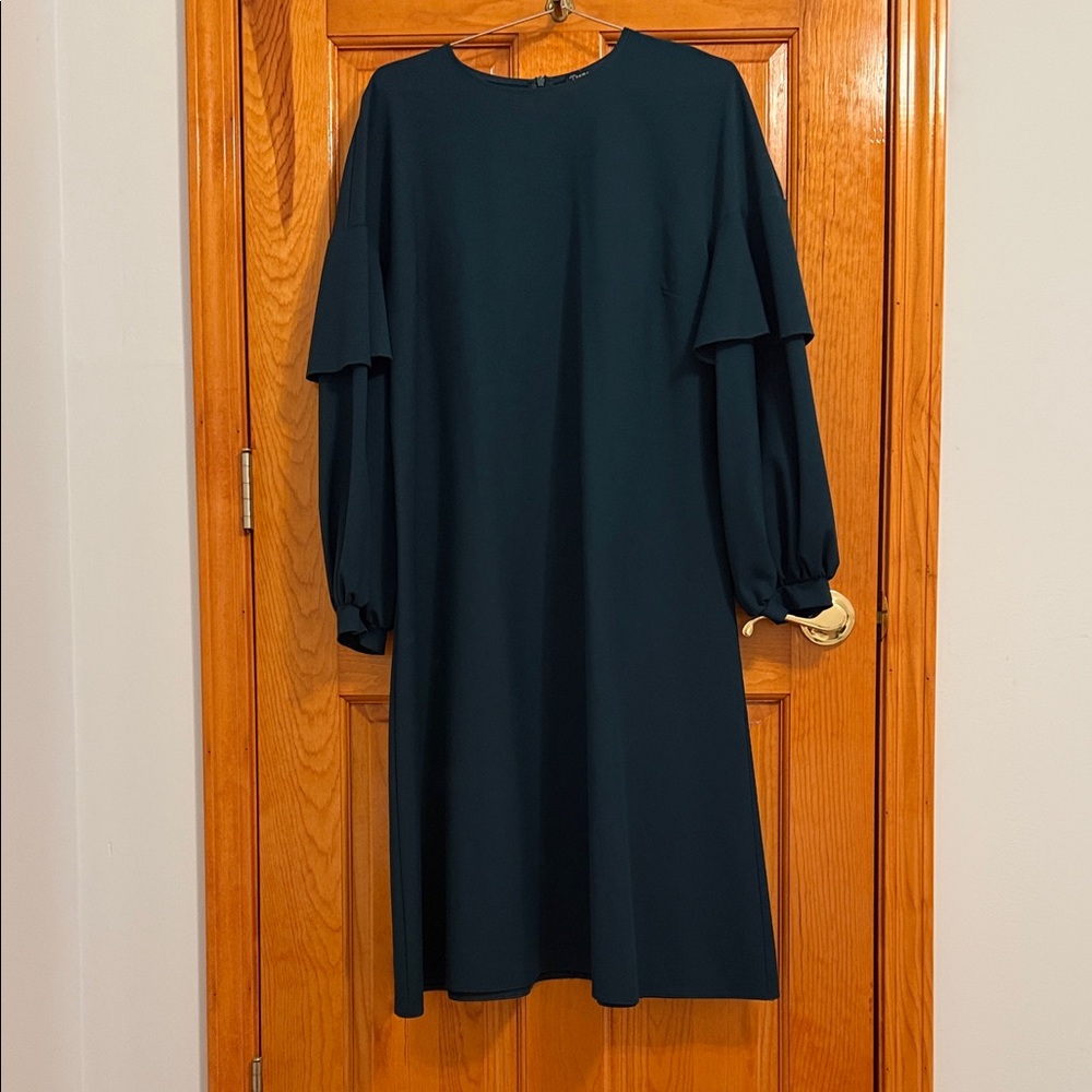 Women's Long Sleeve Ruffle-Sleeve Shift Dress in Dark Teal